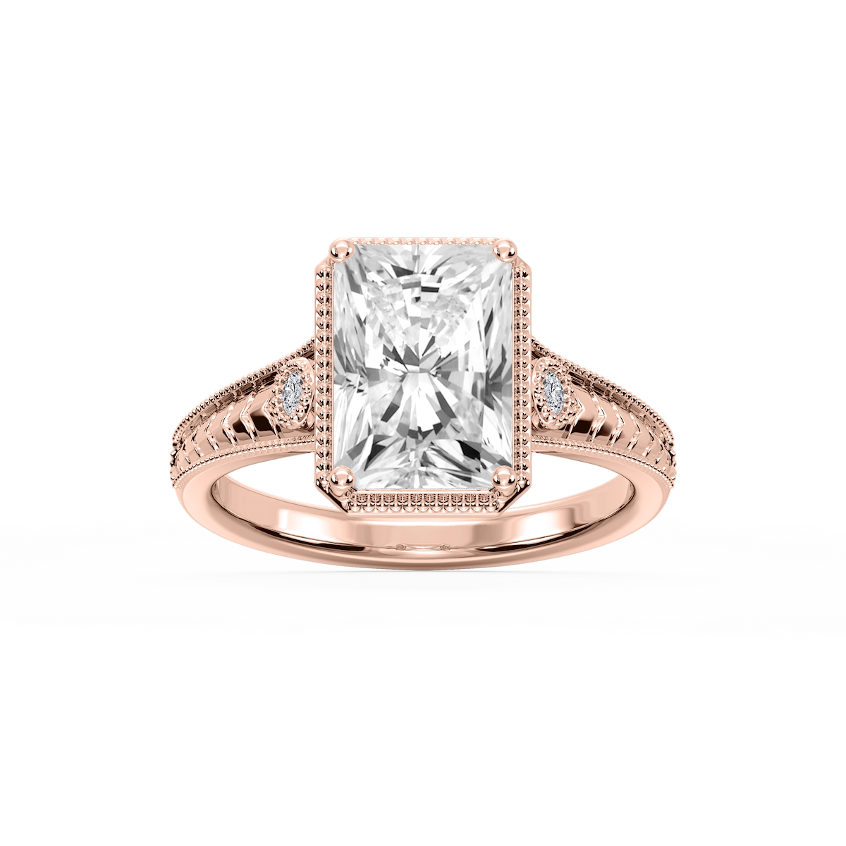 Alessia Radiant Lab Grown Diamond Vintage Bezel and Milgrain Side Stone Engagement Ring