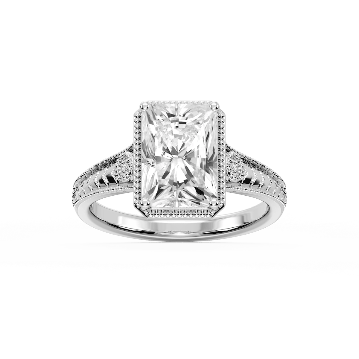 Alessia Radiant Lab Grown Diamond Vintage Bezel and Milgrain Side Stone Engagement Ring