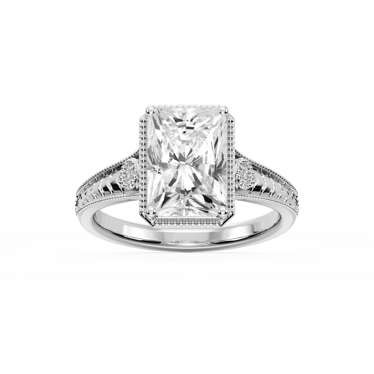 Alessia Radiant Lab Grown Diamond Vintage Bezel and Milgrain Side Stone Engagement Ring