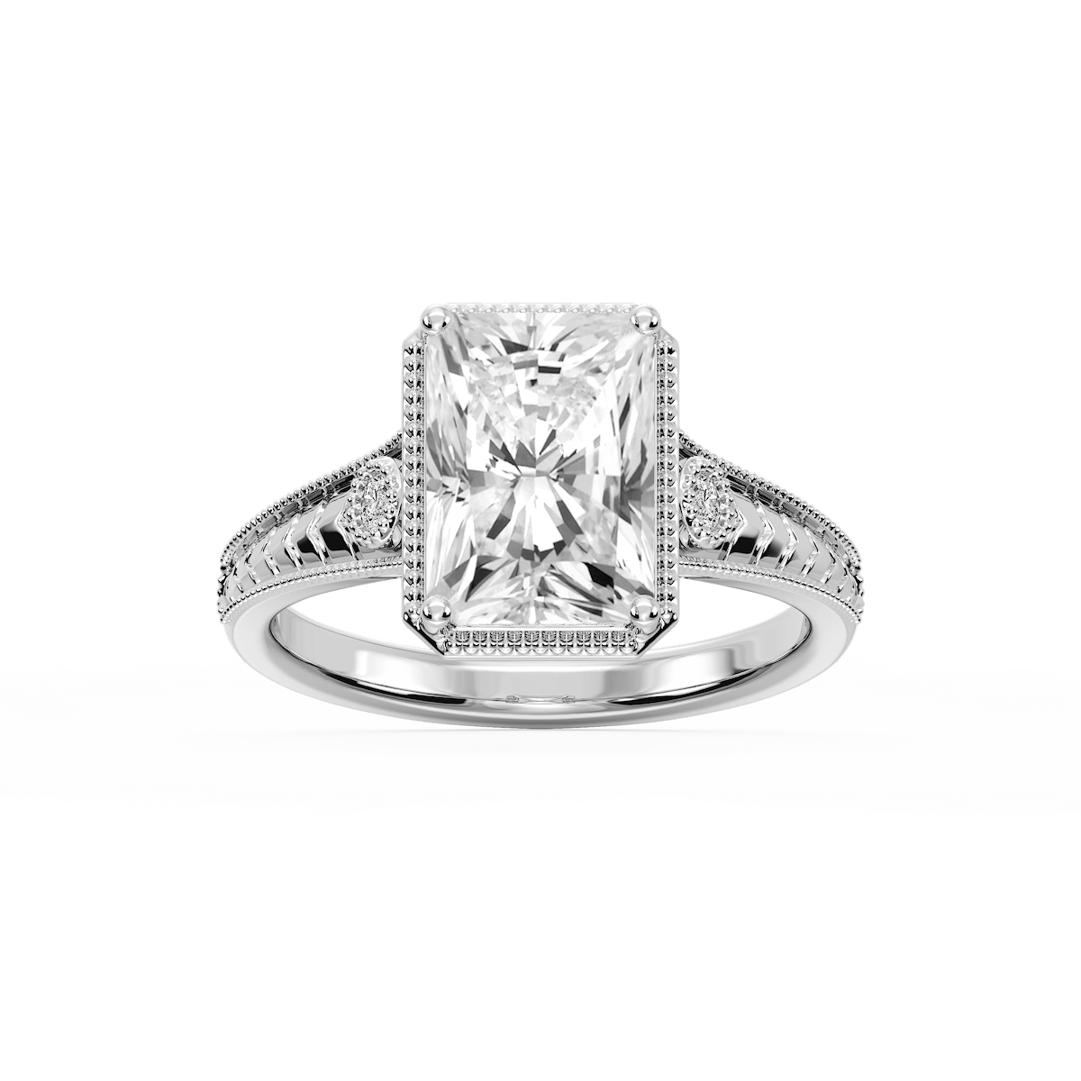 Alessia Radiant Lab Grown Diamond Vintage Bezel and Milgrain Side Stone Engagement Ring