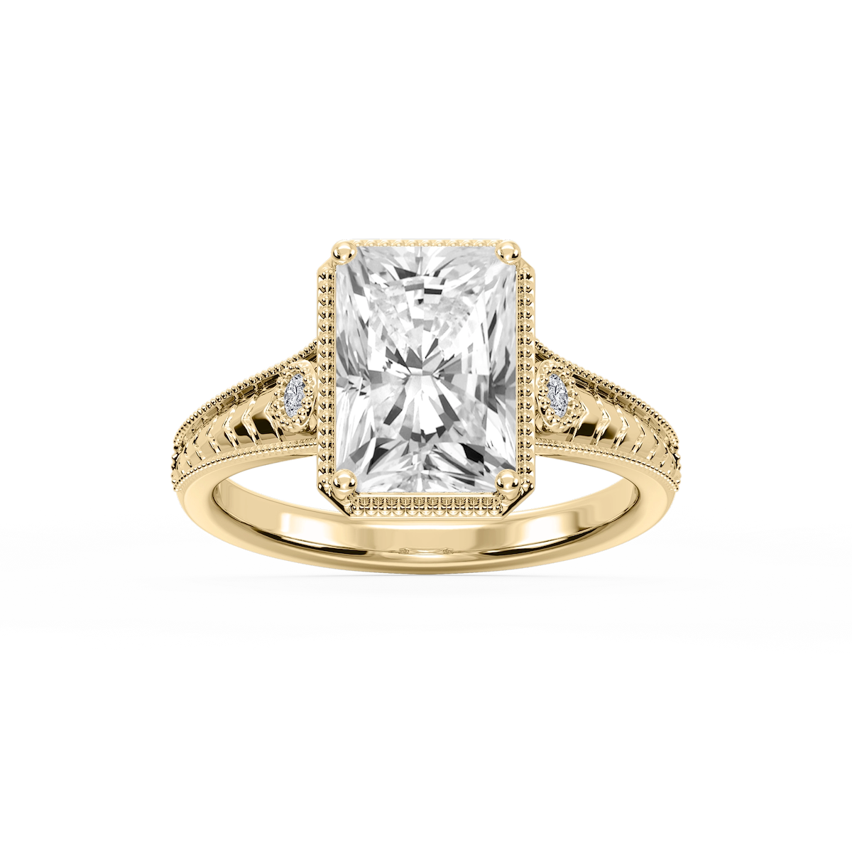 Alessia Radiant Lab Grown Diamond Vintage Bezel and Milgrain Side Stone Engagement Ring