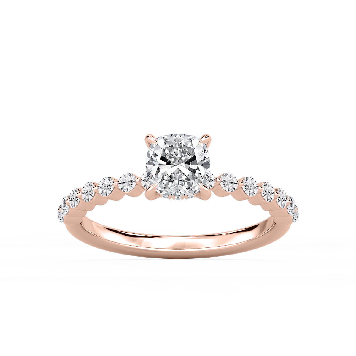 Callie Cushion Lab Grown Diamond Single Shared Prong Hidden Halo Engagement Ring