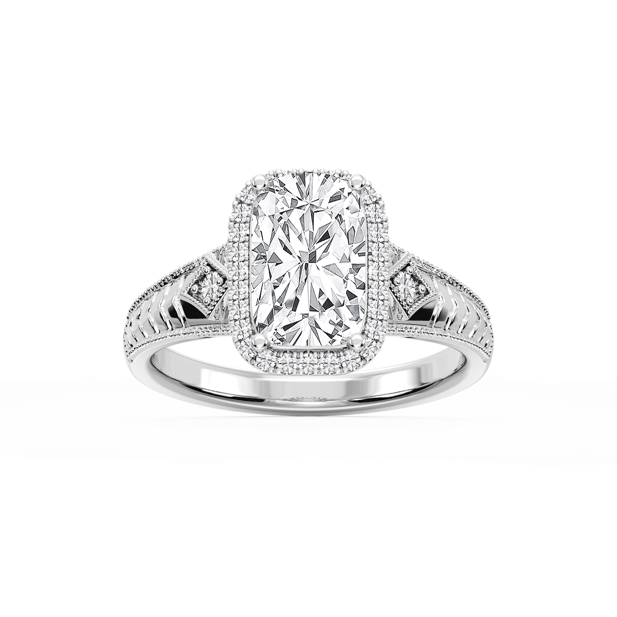 Cecilia Old Mine Cushion Lab Grown Diamond Milgrain Halo Engagement Ring