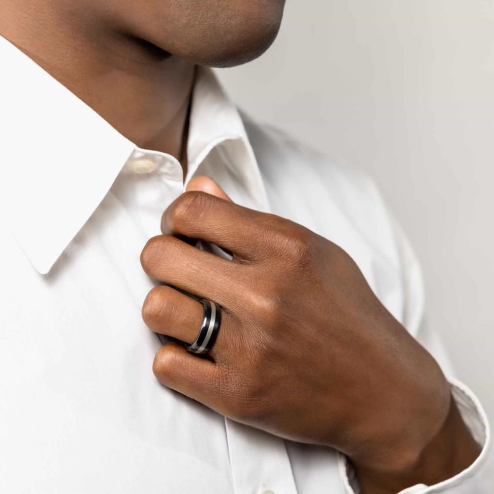 Elysium Ares Polished Silver Inlay Wedding Band