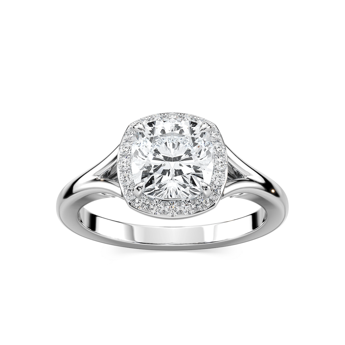 Maia Cushion Lab Grown Diamond Split Shank Halo Engagement Ring