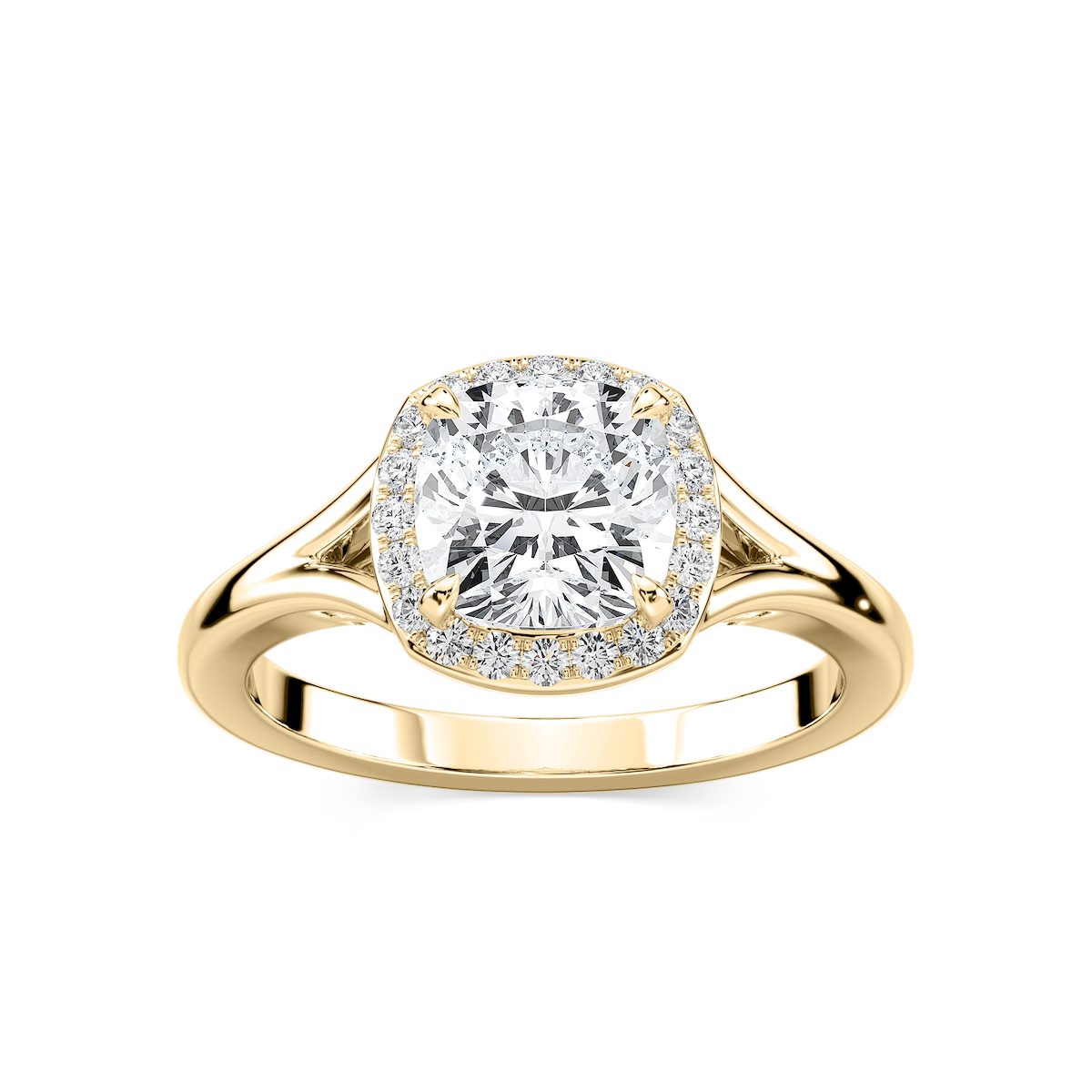 Maia Cushion Lab Grown Diamond Split Shank Halo Engagement Ring