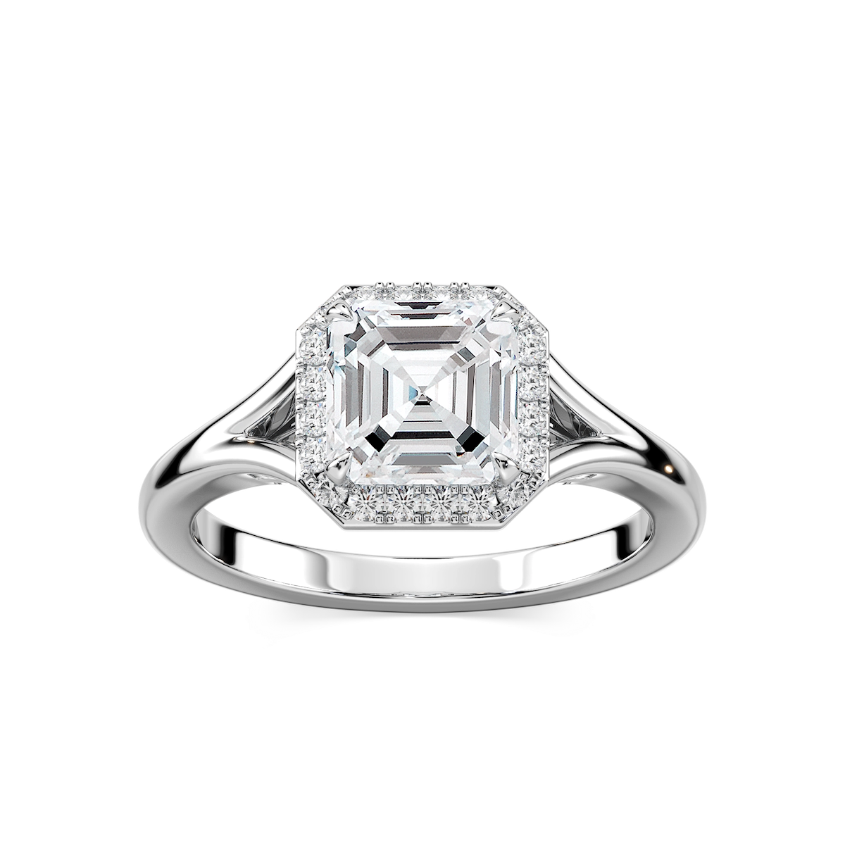 Maia Asscher Lab Grown Diamond Split Shank Halo Engagement Ring