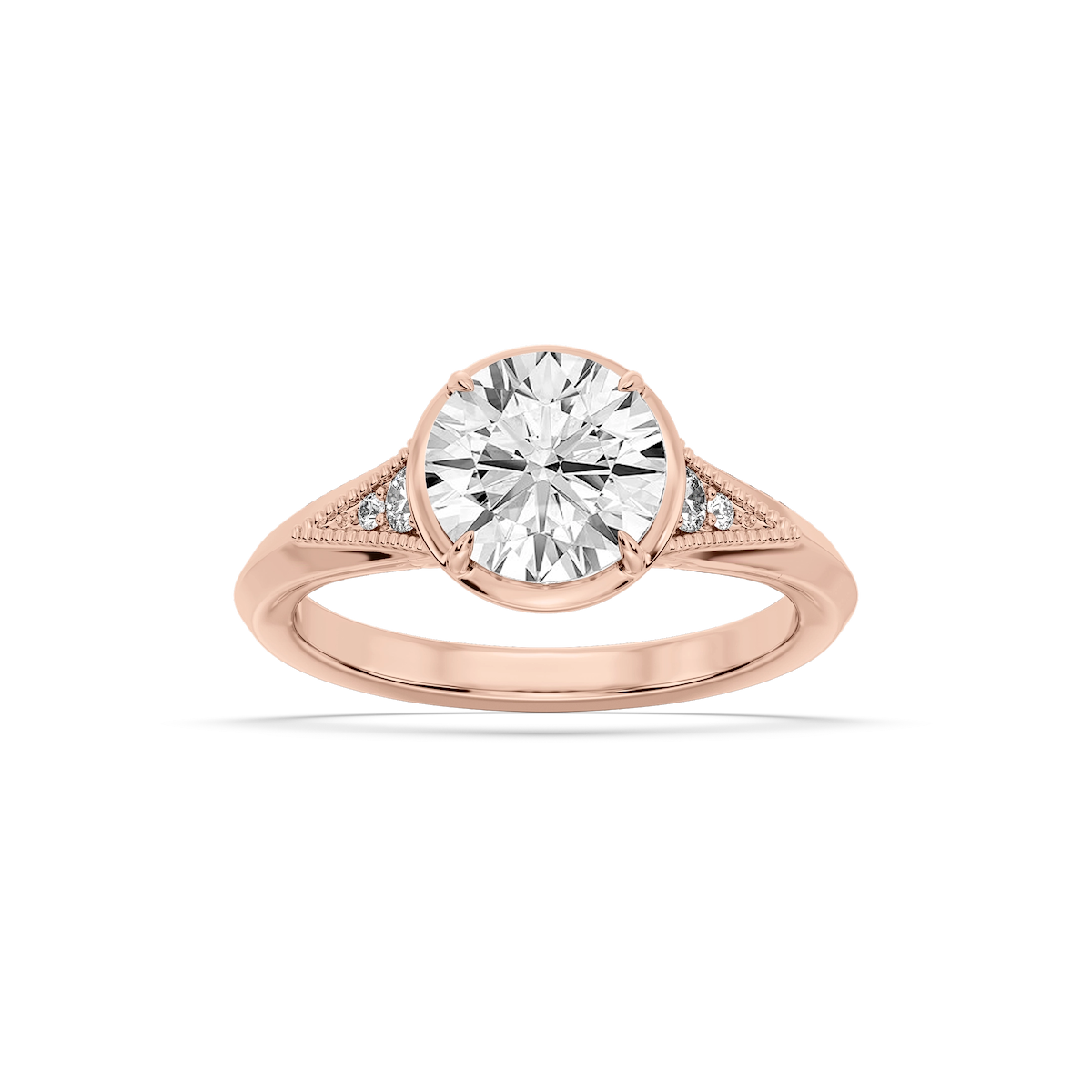 Mira Round Lab Grown Diamond Vintage Bezel and Milgrain Accent Side Stone Engagement Ring
