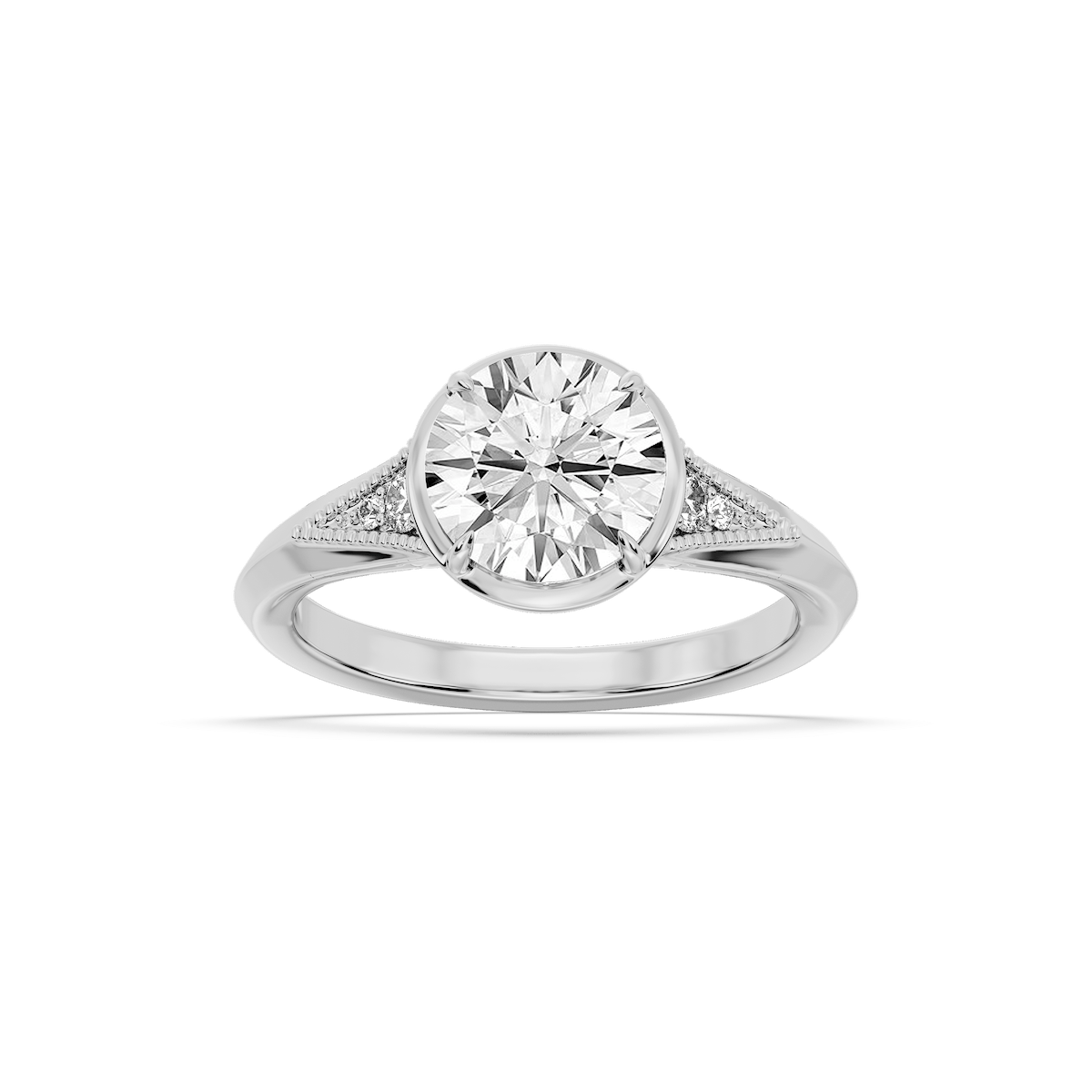 Mira Round Lab Grown Diamond Vintage Bezel and Milgrain Accent Side Stone Engagement Ring