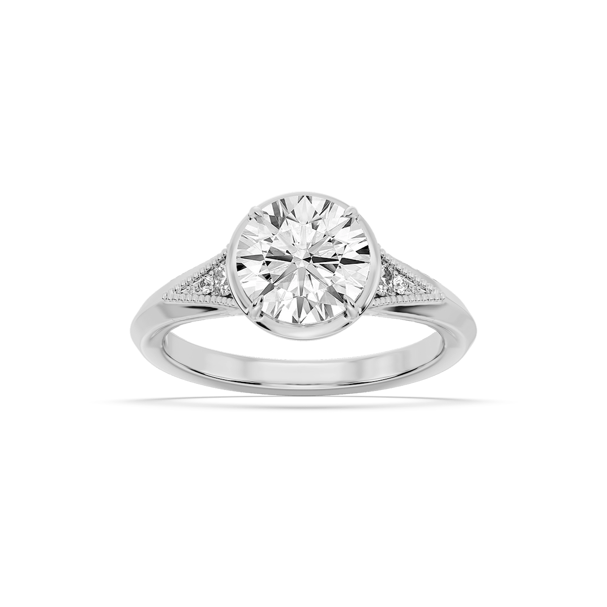 Mira Round Lab Grown Diamond Vintage Bezel and Milgrain Accent Side Stone Engagement Ring