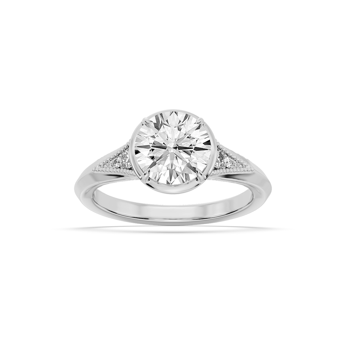 Mira Round Lab Grown Diamond Vintage Bezel and Milgrain Accent Side Stone Engagement Ring