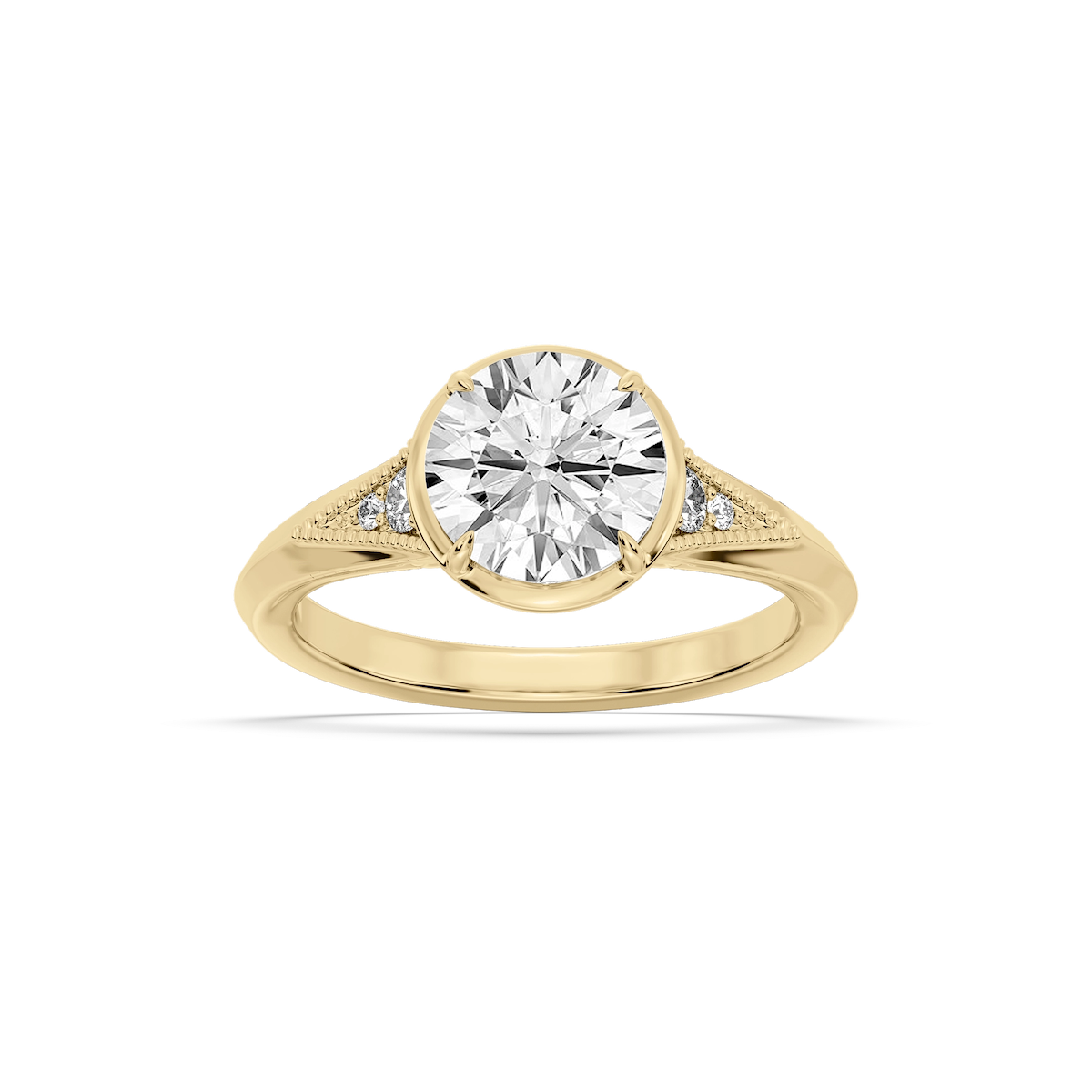 Mira Round Lab Grown Diamond Vintage Bezel and Milgrain Accent Side Stone Engagement Ring