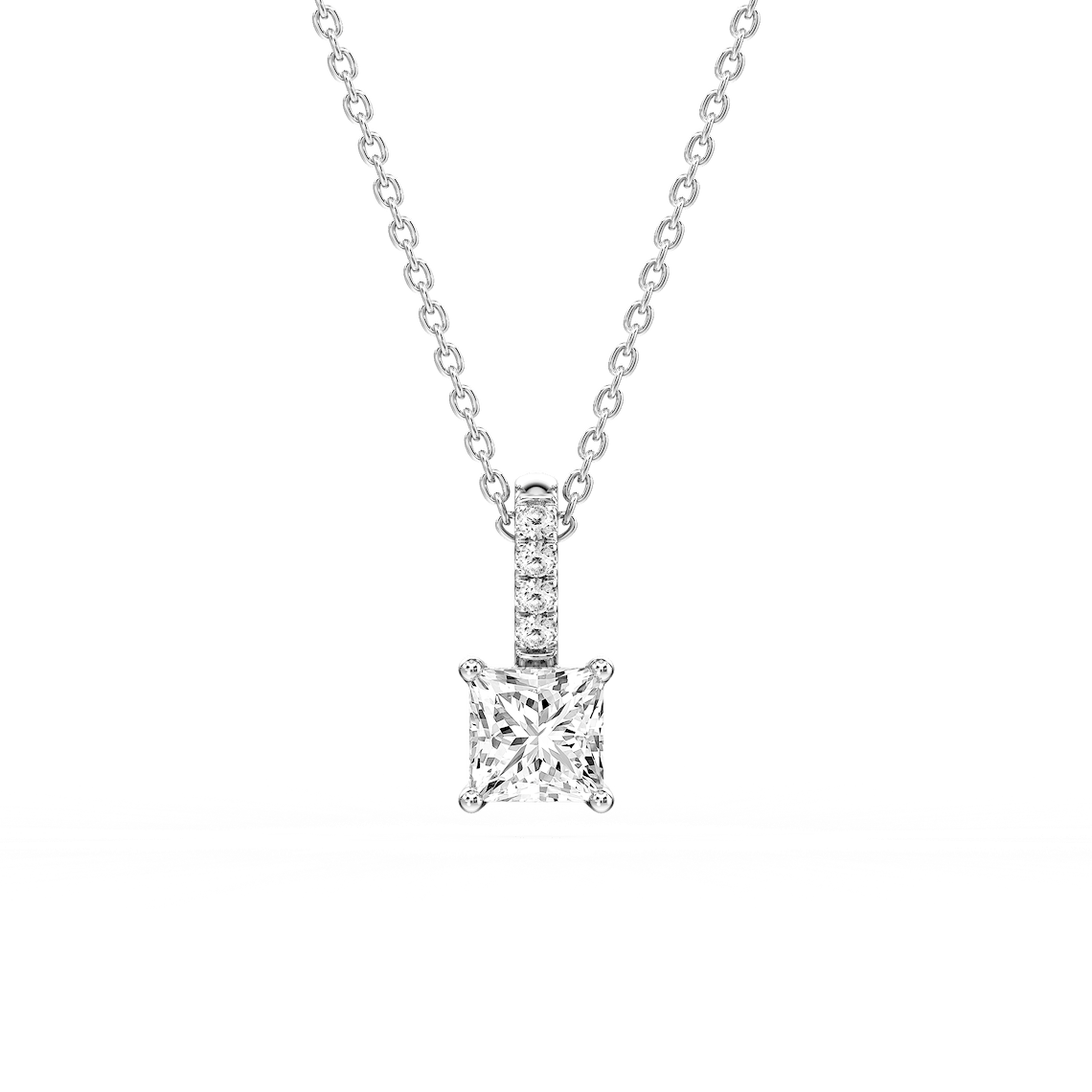 Princess Lab Grown Diamond Pave Bail Solitaire Pendant - 16 to 18 Inches