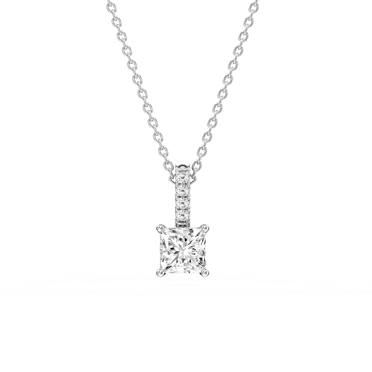 Princess Lab Grown Diamond Pave Bail Solitaire Pendant - 16 to 18 Inches