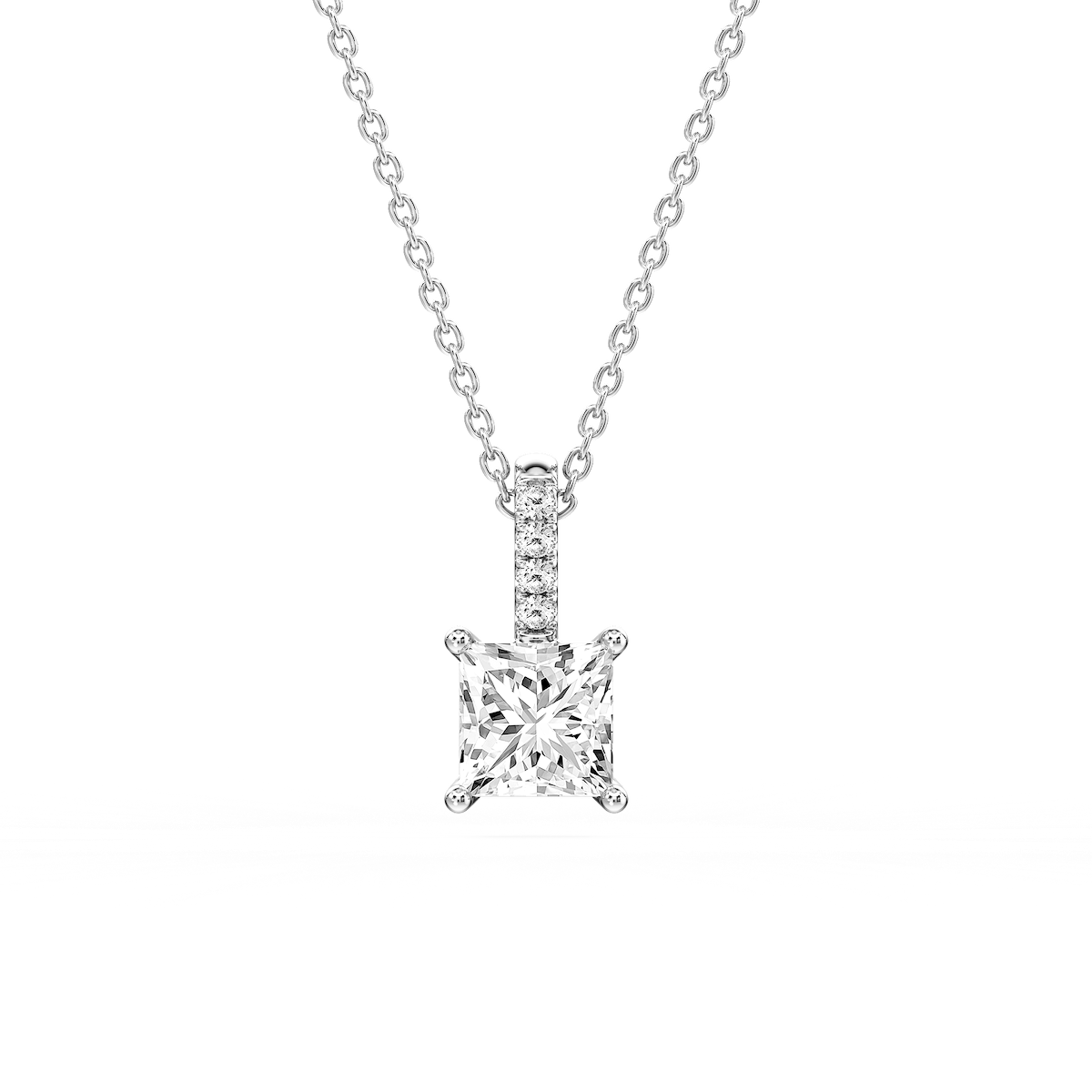 Princess Lab Grown Diamond Pave Bail Solitaire Pendant - 16 to 18 Inches