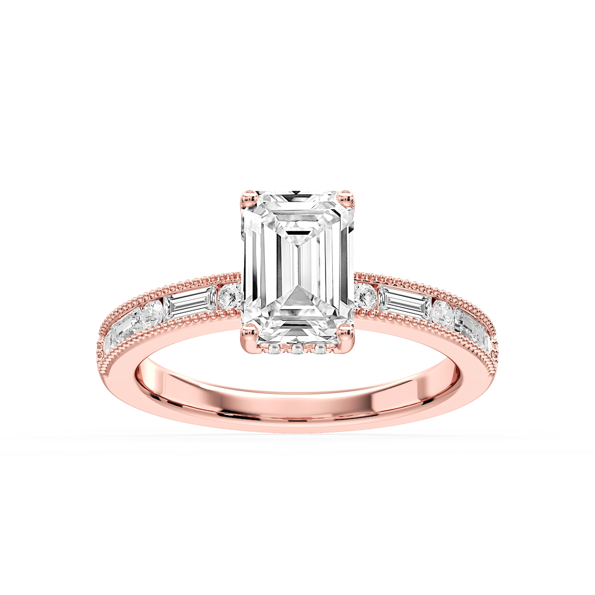 Rhianna Emerald Lab Grown Diamond Milgrain Channel Hidden Halo Engagement Ring