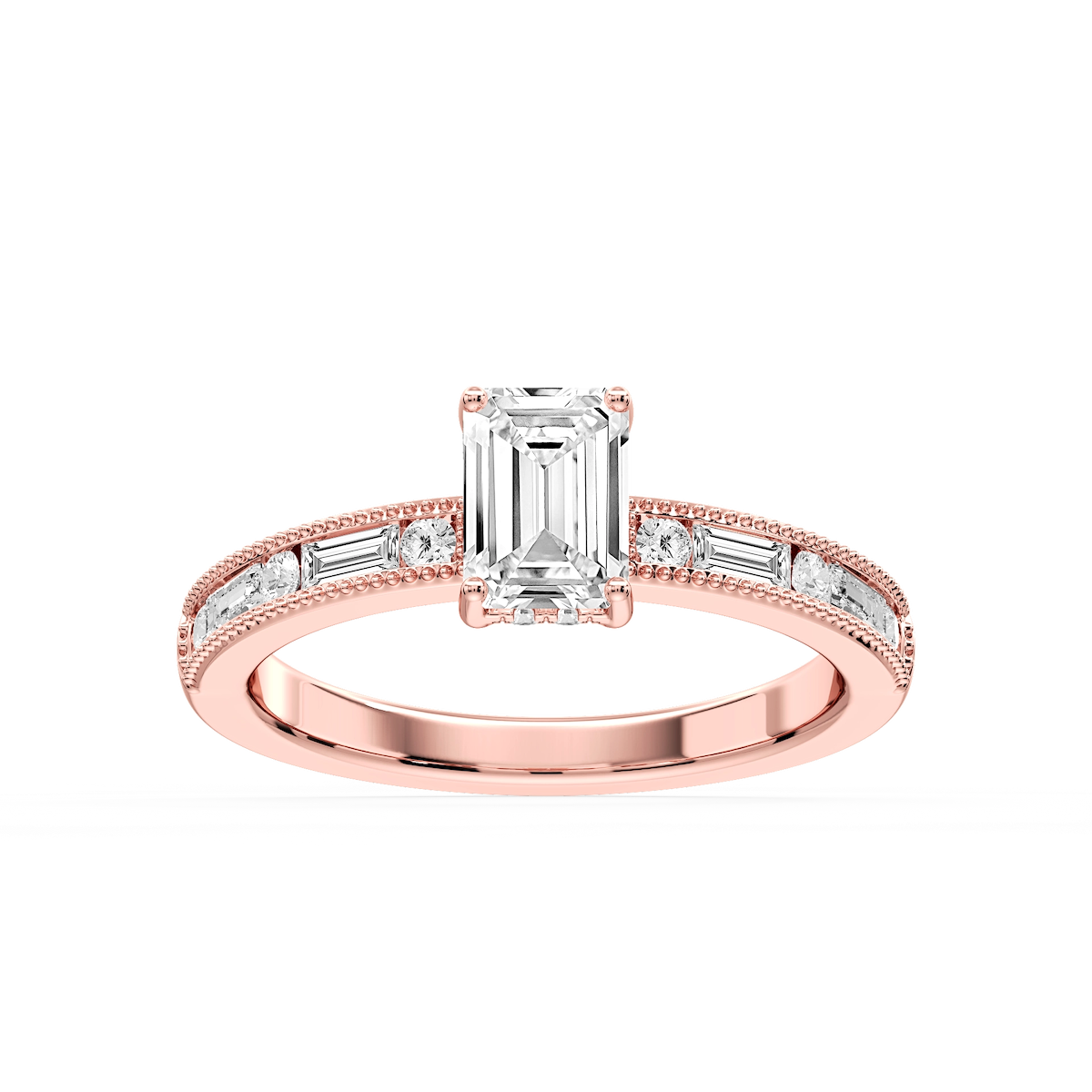 Rhianna Emerald Lab Grown Diamond Milgrain Channel Hidden Halo Engagement Ring