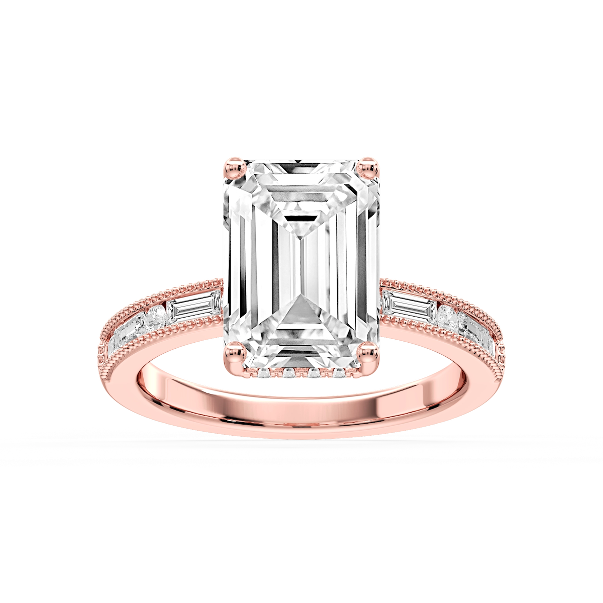 Rhianna Emerald Lab Grown Diamond Milgrain Channel Hidden Halo Engagement Ring