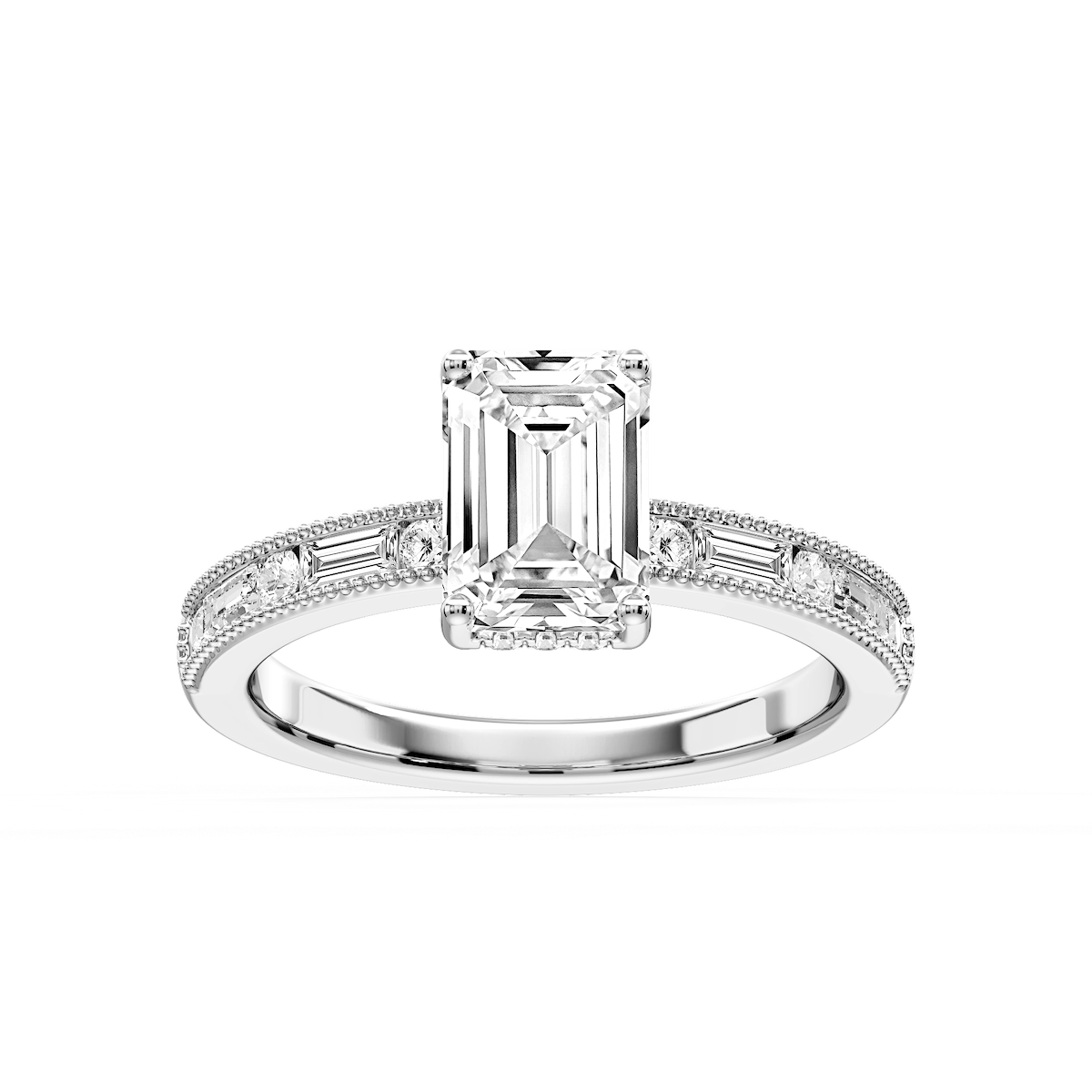Rhianna Emerald Lab Grown Diamond Milgrain Channel Hidden Halo Engagement Ring