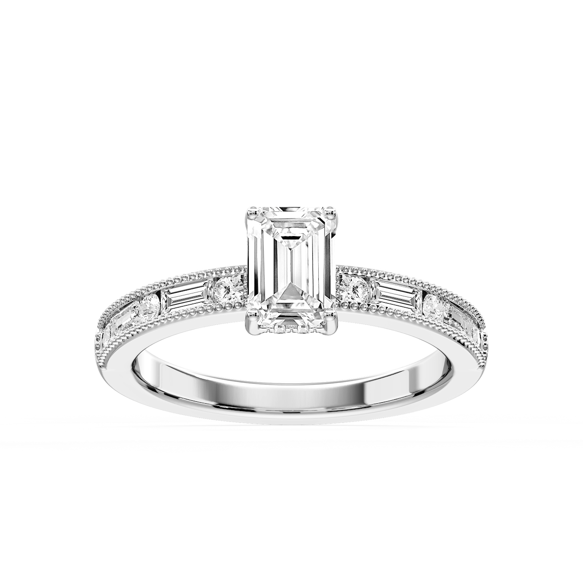 Rhianna Emerald Lab Grown Diamond Milgrain Channel Hidden Halo Engagement Ring