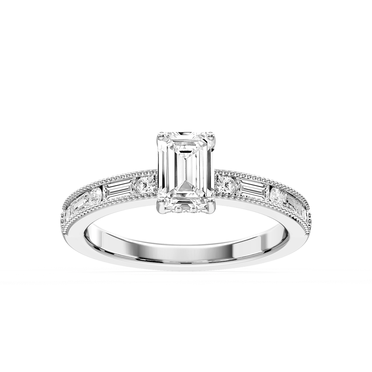 Rhianna Emerald Lab Grown Diamond Milgrain Channel Hidden Halo Engagement Ring