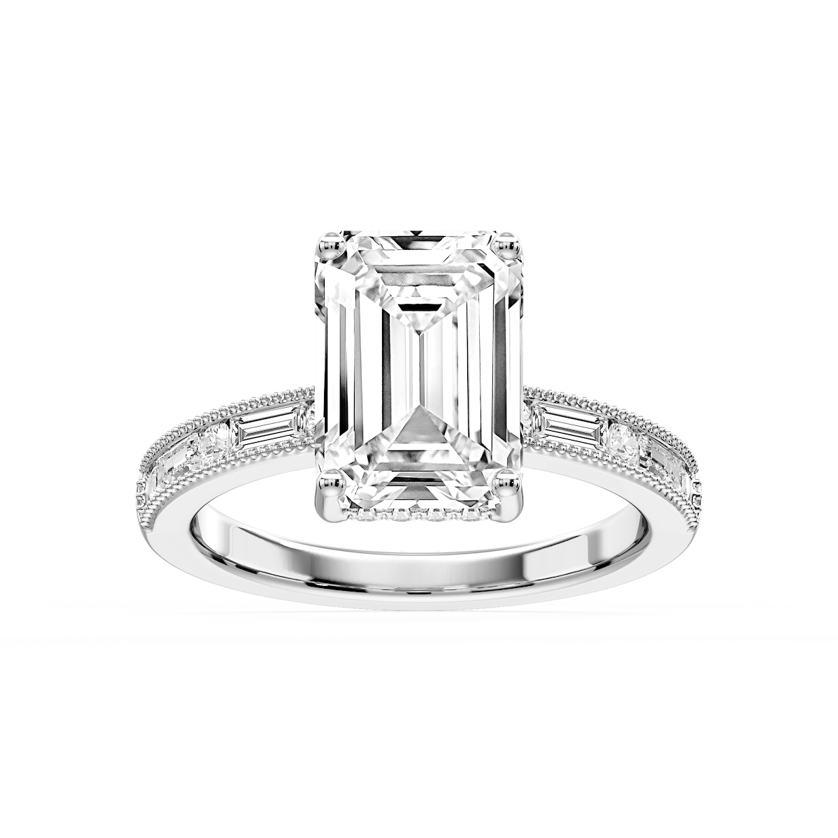 Rhianna Emerald Lab Grown Diamond Milgrain Channel Hidden Halo Engagement Ring
