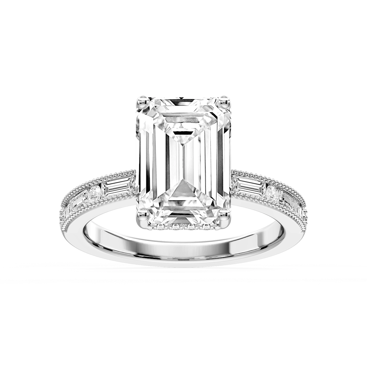 Rhianna Emerald Lab Grown Diamond Milgrain Channel Hidden Halo Engagement Ring