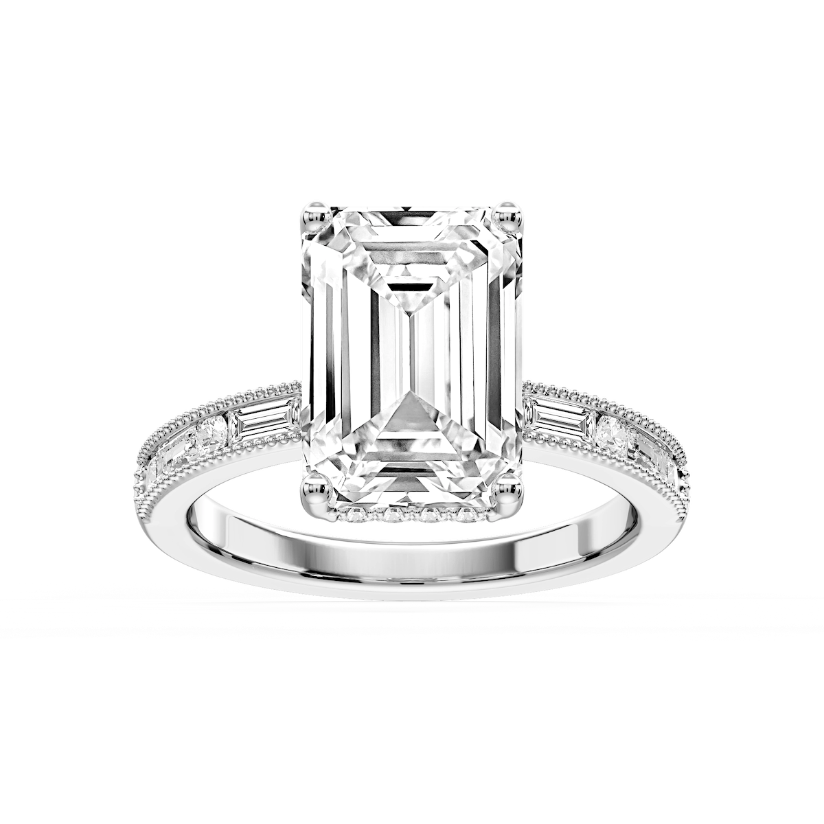 Rhianna Emerald Lab Grown Diamond Milgrain Channel Hidden Halo Engagement Ring