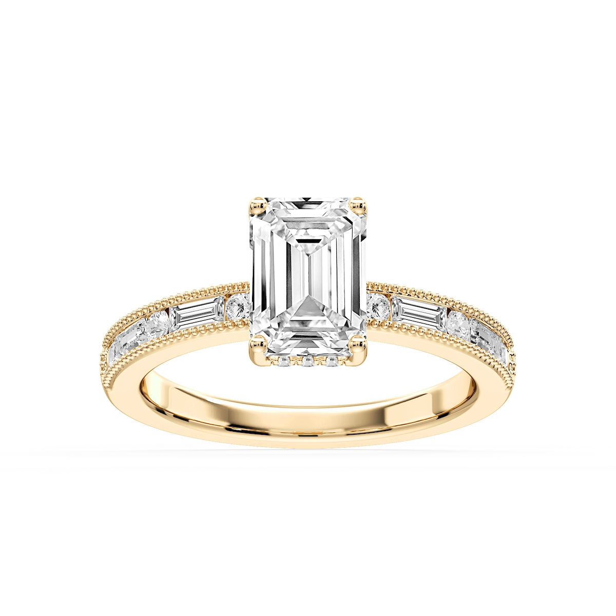 Rhianna Emerald Lab Grown Diamond Milgrain Channel Hidden Halo Engagement Ring