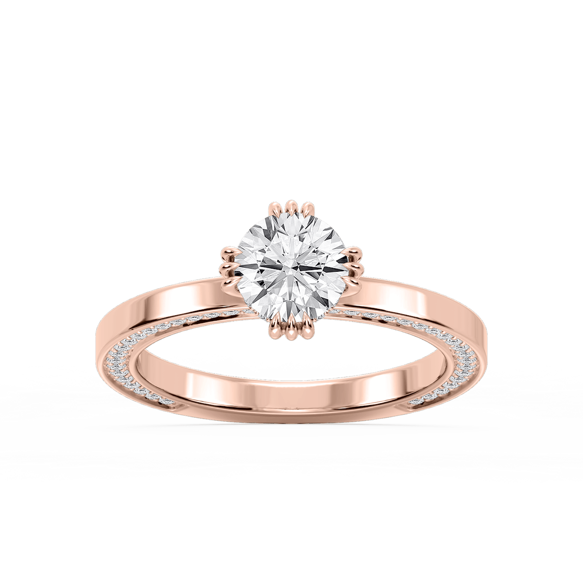 Rose Round Lab Grown Diamond Triple Claw Prong Side Stone Engagement Ring