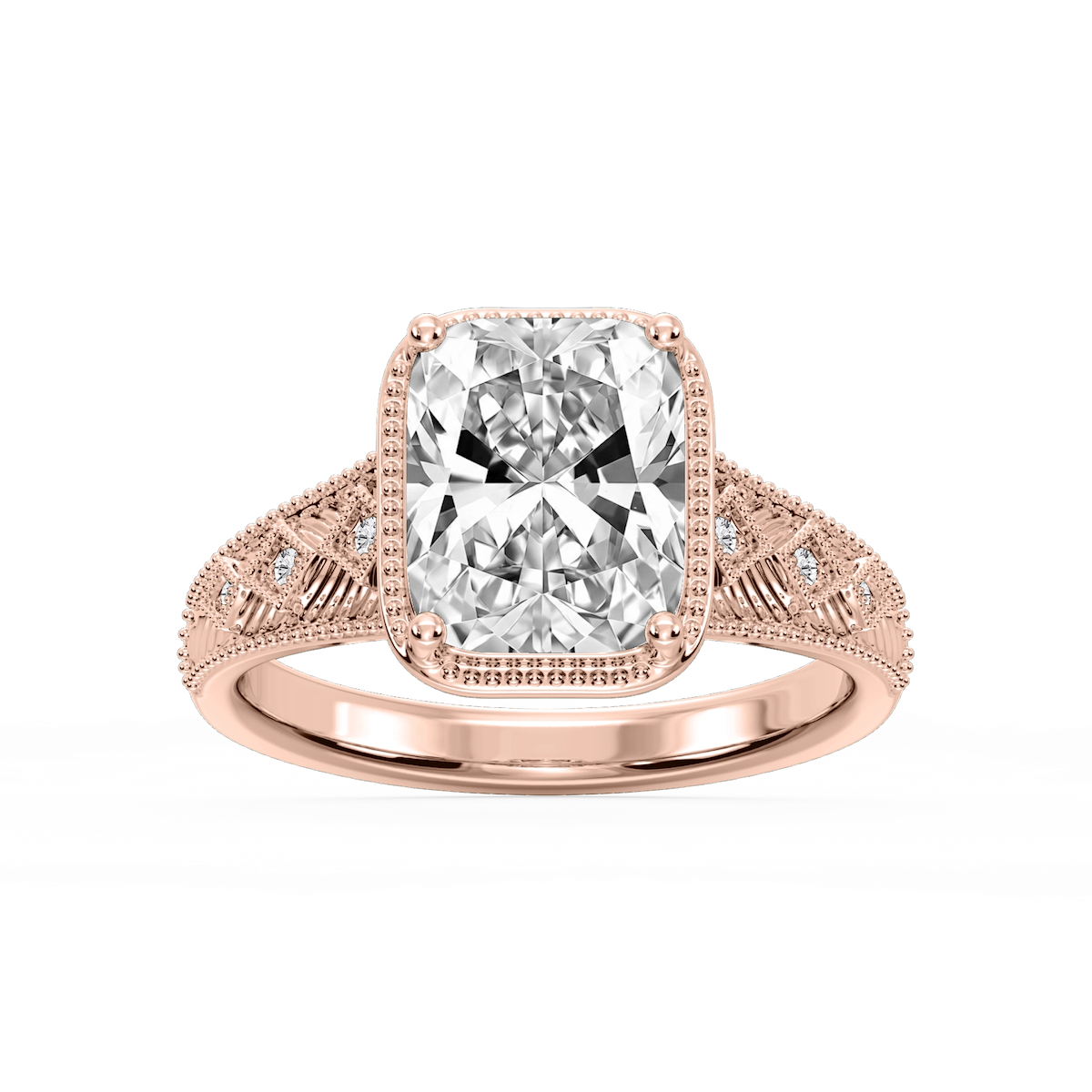 Sylvia Old Mine Cushion Lab Grown Diamond Etched Milgrain Side Stone Engagement Ring