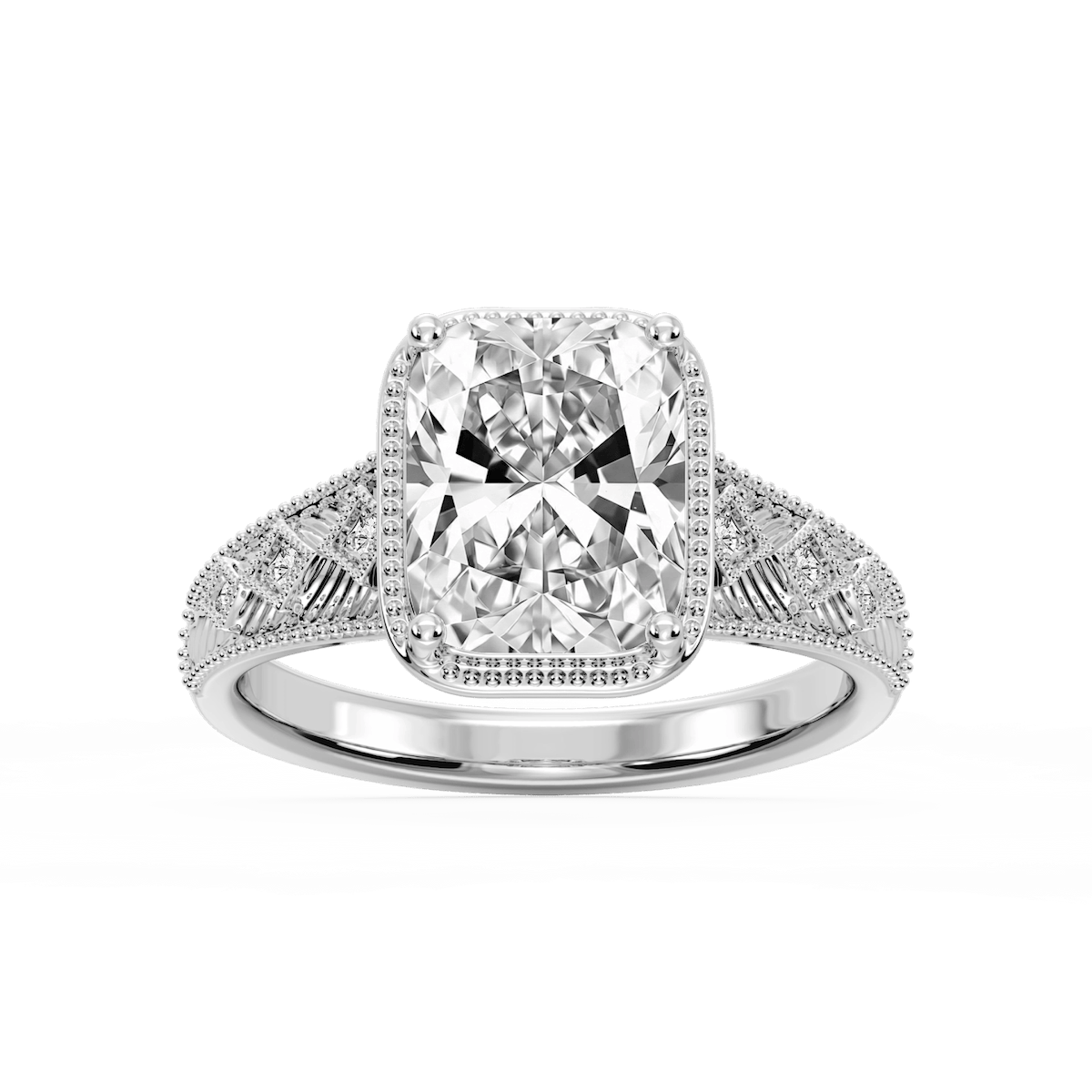 Sylvia Old Mine Cushion Lab Grown Diamond Etched Milgrain Side Stone Engagement Ring