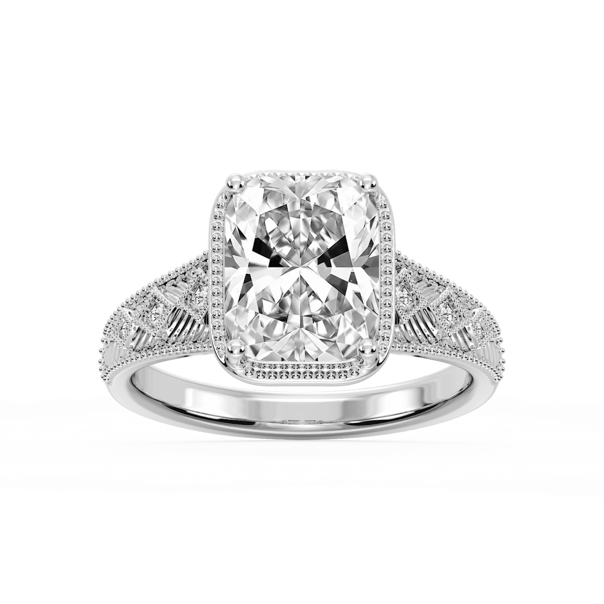 Sylvia Old Mine Cushion Lab Grown Diamond Etched Milgrain Side Stone Engagement Ring