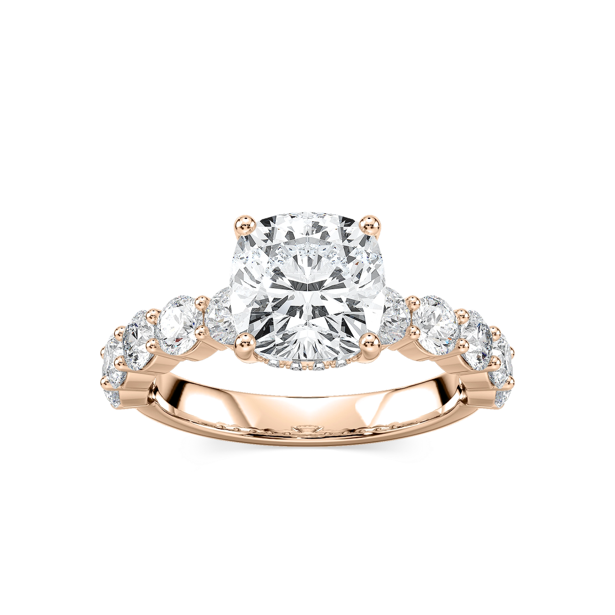Uma Cushion Lab Grown Diamond Shared Prong Hidden Halo Engagement Ring