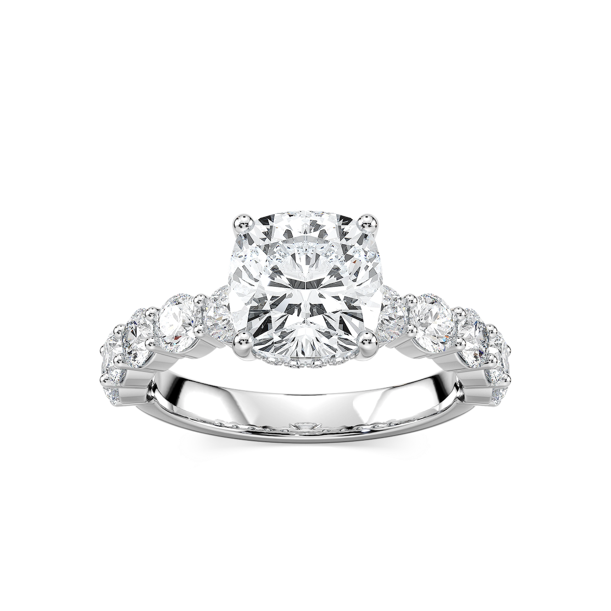 Uma Cushion Lab Grown Diamond Shared Prong Hidden Halo Engagement Ring