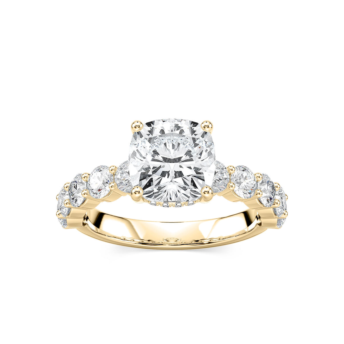 Uma Cushion Lab Grown Diamond Shared Prong Hidden Halo Engagement Ring
