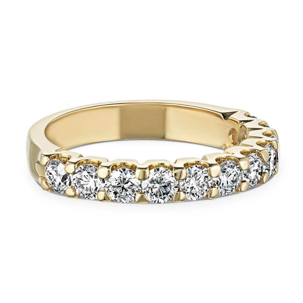 Shown with 1.5ctw Lab Diamonds in 14k Yellow Gold|Ethical diamond accented anniversary band with 11 round cut lab grown diamonds set in recycled 14k yellow gold
