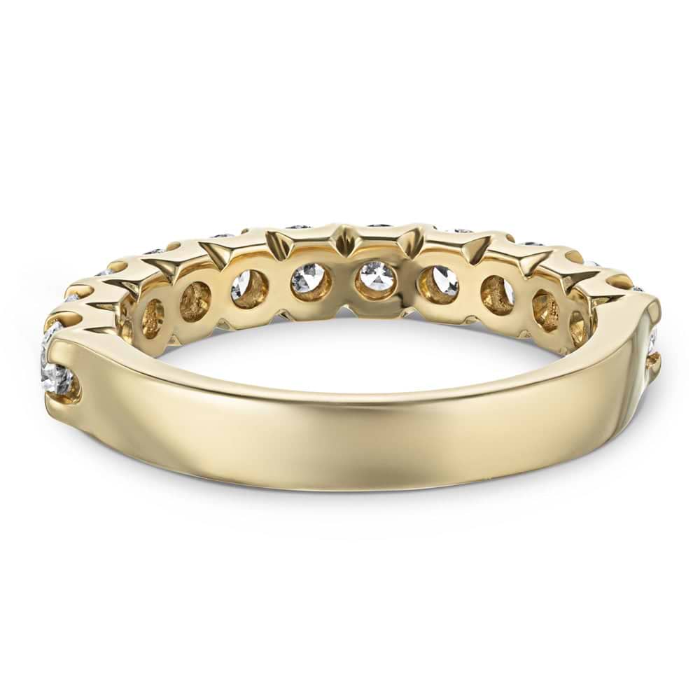 Shown with 1.5ctw Lab Diamonds in 14k Yellow Gold|Diamond accented band with 11 round cut lab grown diamonds set in 14k yellow gold shown from back