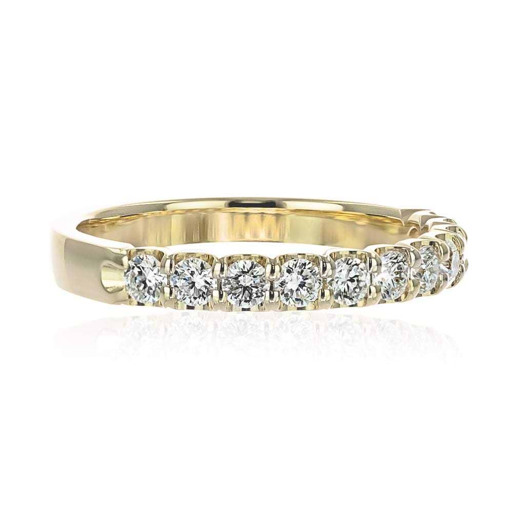 Shown with 1.5ctw Lab Diamonds in 14k Yellow Gold|Beautiful diamond accented anniversary band with 11 round cut lab created diamonds set in 14k recycled yellow gold