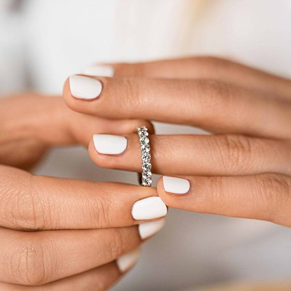 Shown with 0.50ctw Lab Diamonds in 14k White Gold|Beautiful diamond accented wedding band with 11 round cut lab grown diamonds set in 14k white gold shown worn on hand