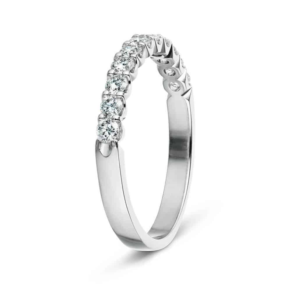 Shown with 0.50ctw Lab Diamonds in 14k White Gold|Diamond accented wedding band with 11 round cut lab grown diamonds set in recycled 14k white gold shown from side