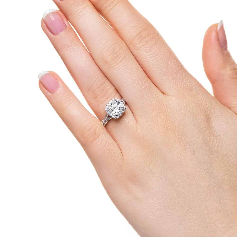 Adara Accented Engagement Ring shown here with a 2.0ct cushion cut lab grown diamond set in recycled 14K white gold. 