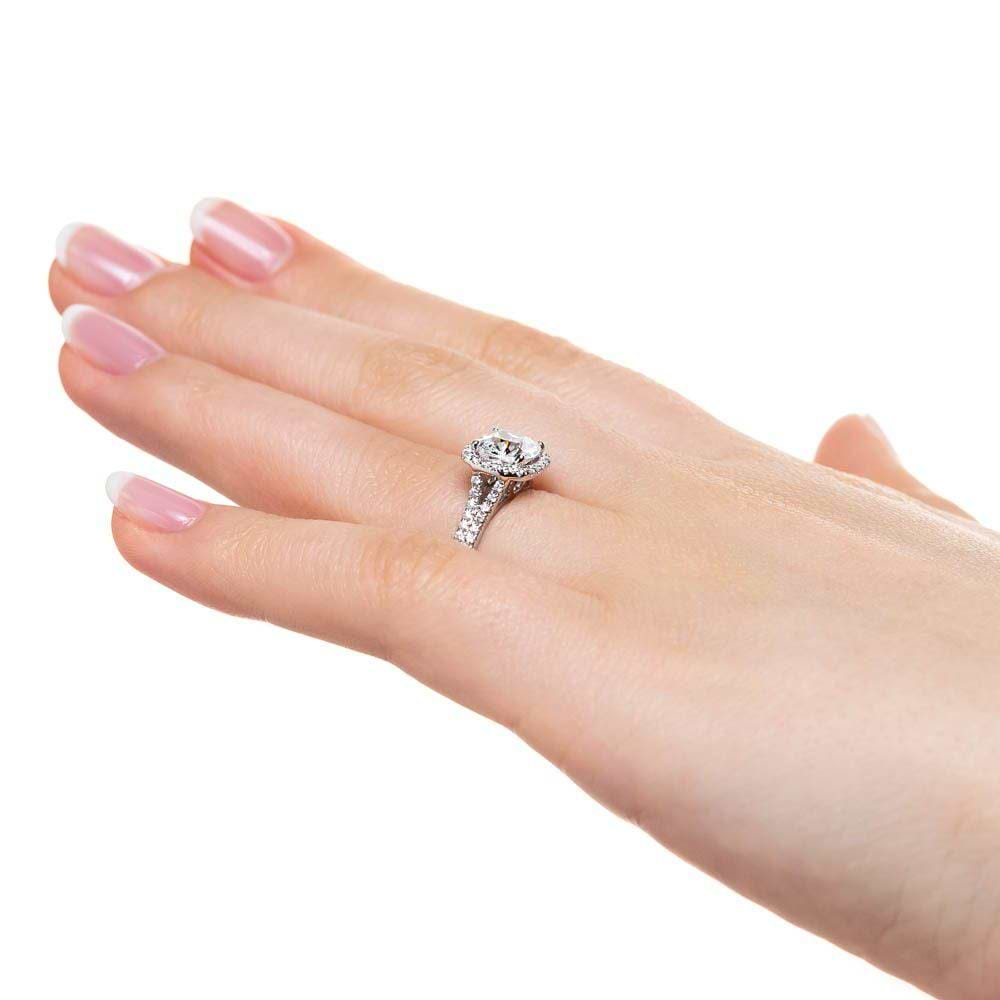 Adara Accented Engagement Ring shown here with a 2.0ct cushion cut lab grown diamond set in recycled 14K white gold. 