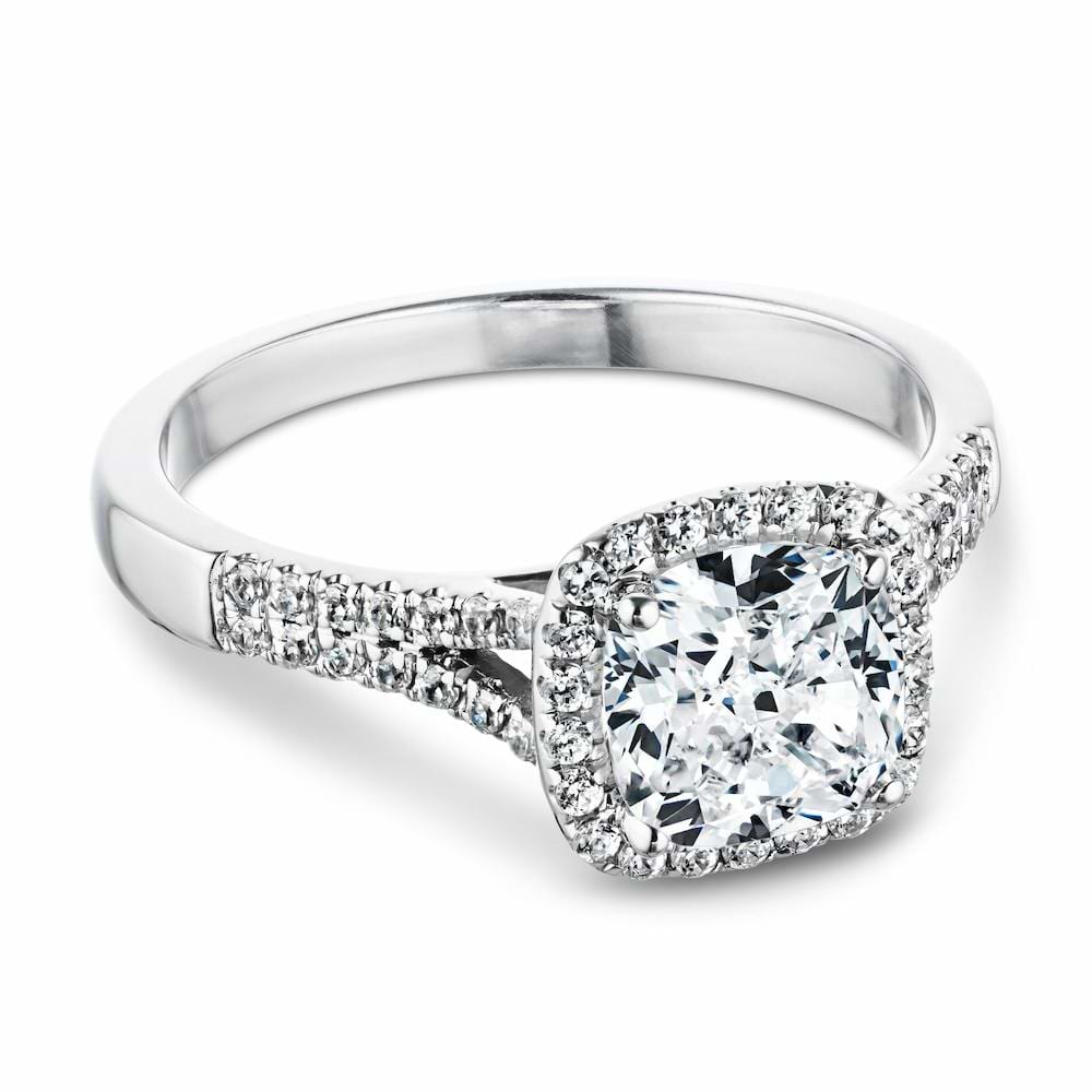 Adara Accented Engagement Ring shown here with a 2.0ct cushion cut lab grown diamond set in recycled 14K white gold. 