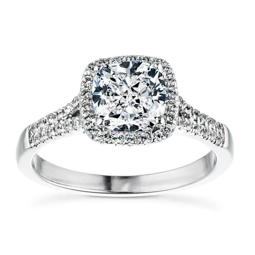 Adara Accented Engagement Ring shown here with a 2.0ct cushion cut lab grown diamond set in recycled 14K white gold. 