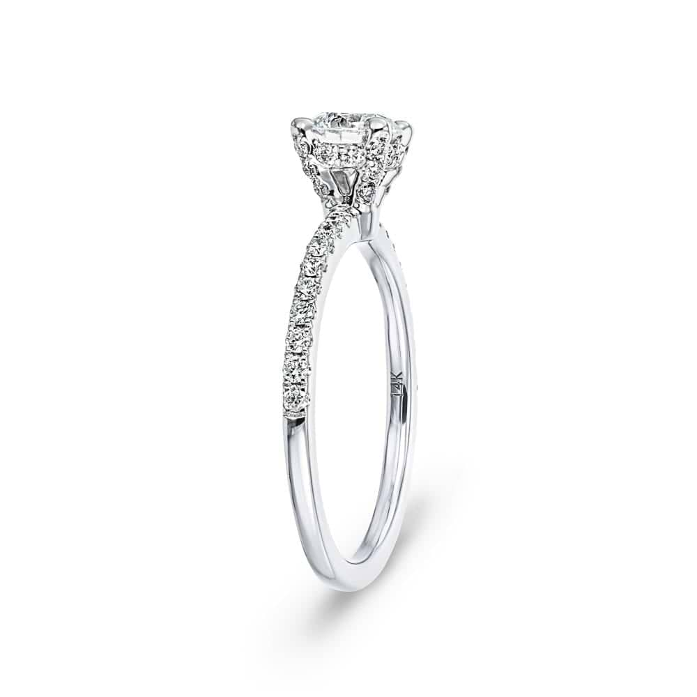 Shown with 1ct round cut lab grown diamond in 14k white gold