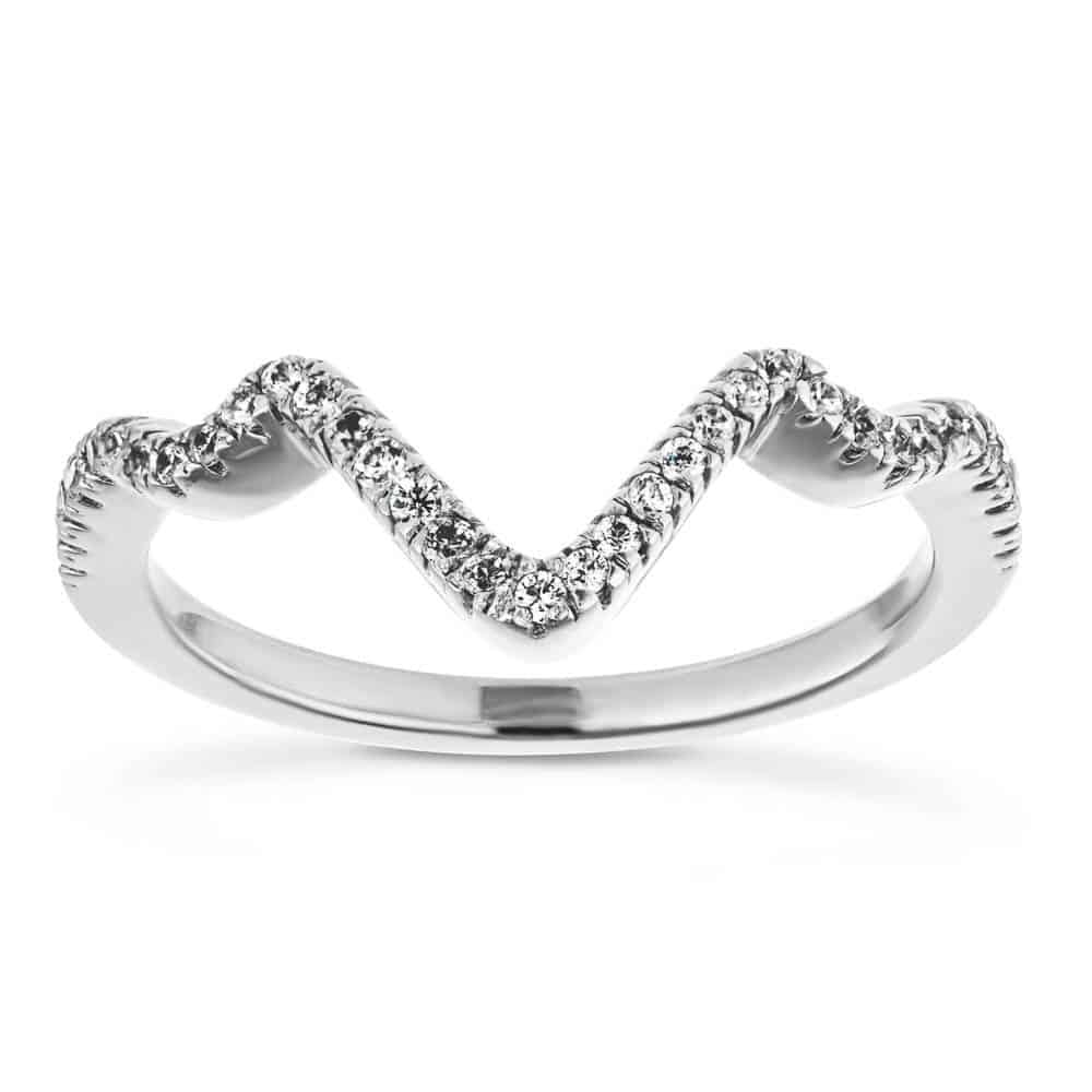 Shown in 14k White Gold|Unique lab grown diamond accented wavy v wedding band in 14k white gold