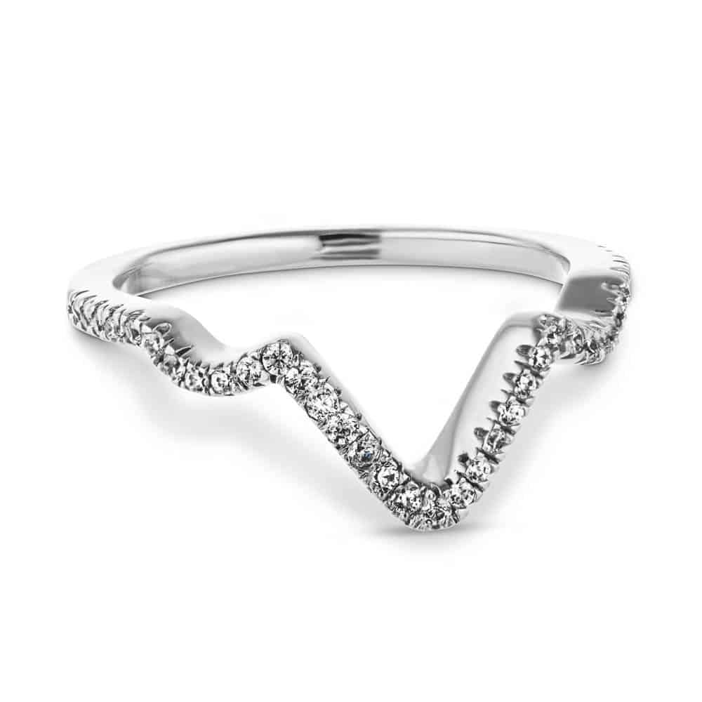Shown in 14k White Gold|Unique conflict-free diamond accented wavy v wedding ring in recycled 14k white gold