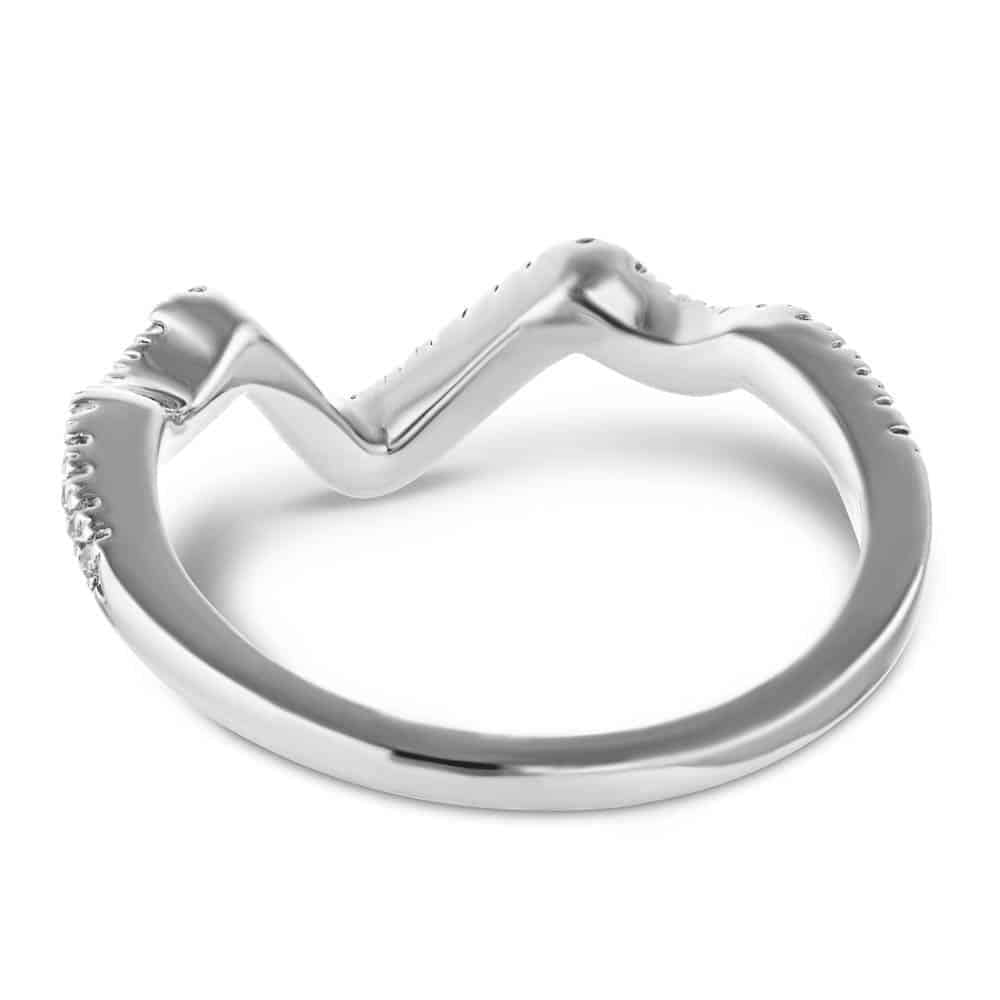 Shown in 14k White Gold|Diamond accented wavy v wedding ring in recycled 14k white gold shown from back
