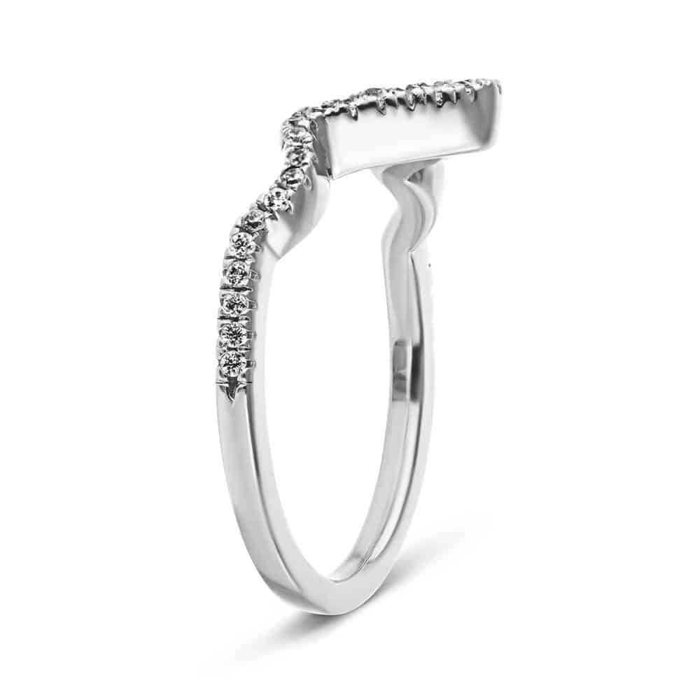 Shown in 14k White Gold|Unique design diamond accented wavy v wedding ring in recycled 14k white gold shown from side